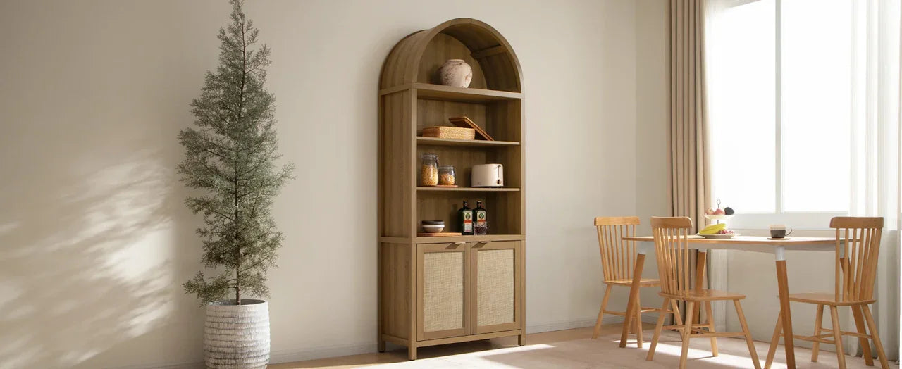 Modern dining room with arched wooden cabinet, dining table set, and potted plant