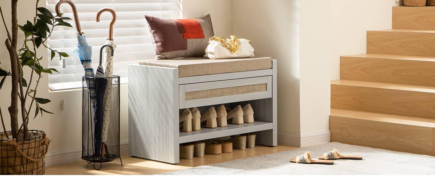 Modern Minimalistic House Stair Entryway with SICOTAS Savanna White Shoe Cabinet with Storage, Plants, Umbrellas, and Slippers