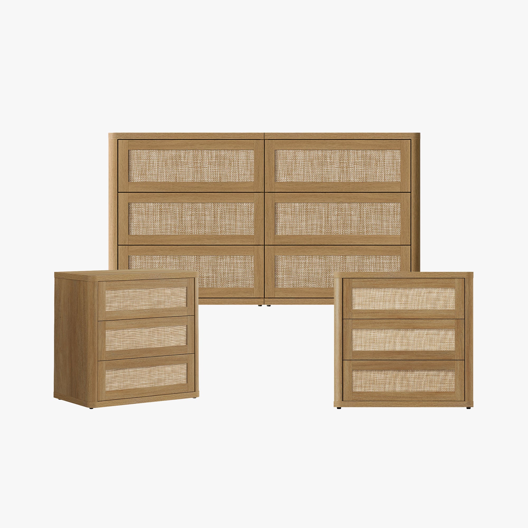 SICOTAS Zura Modular 3 Piece Bedroom Sets Dresser and Nightstand Set, Amber Oak Rattan 6-Drawer Dresser and 3-Drawer Nightstand Sets for Home