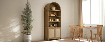 Modern dining room with wooden arched cabinet, houseplant, and four-chair table set