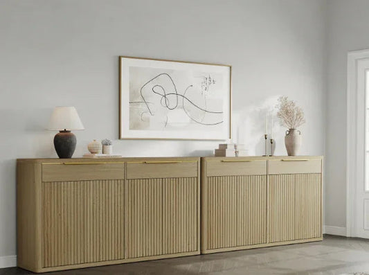 Modern minimal oak sideboard with decor, abstract wall art, and neutral styling