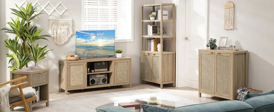 Modern living room with rattan furniture, TV stand, bookshelf, plants, and natural decor