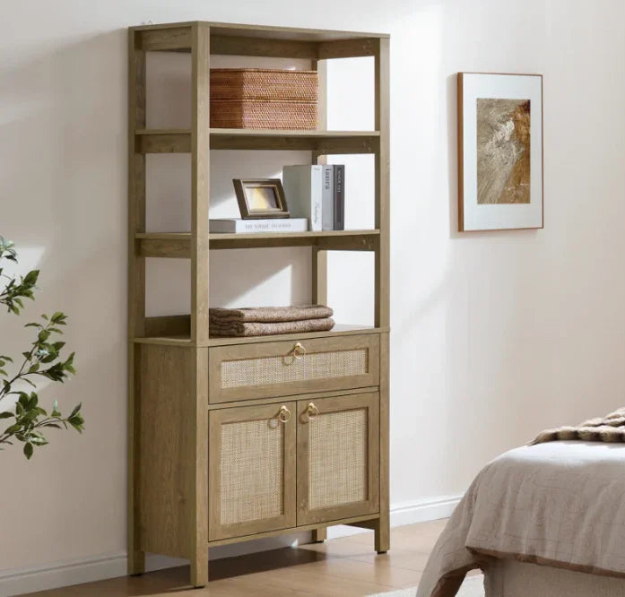 Wood and rattan bookshelf with storage cabinet in a modern bedroom, decor and books on shelves