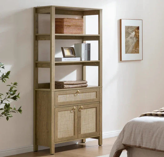 Wood and rattan bookshelf with storage cabinet in a modern bedroom, decor and books on shelves