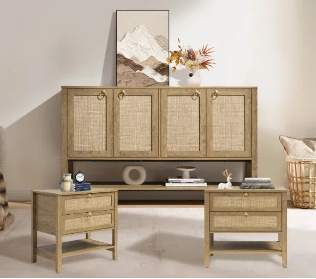 Modern rattan wood cabinet and nightstands in neutral living room decor