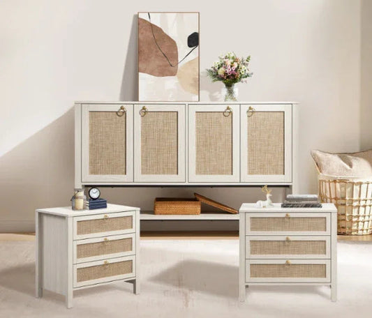 Modern rattan bedroom furniture set with two white nightstands and a cabinet