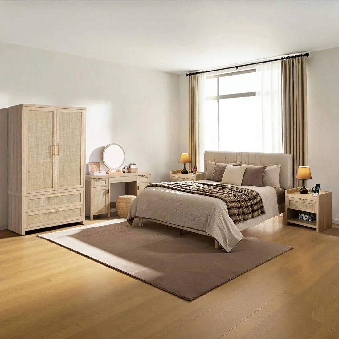 Modern bedroom with wardrobe, vanity table, and neutral decor