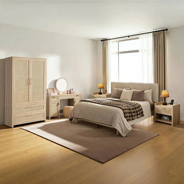 Modern bedroom with wardrobe, vanity table, and neutral decor