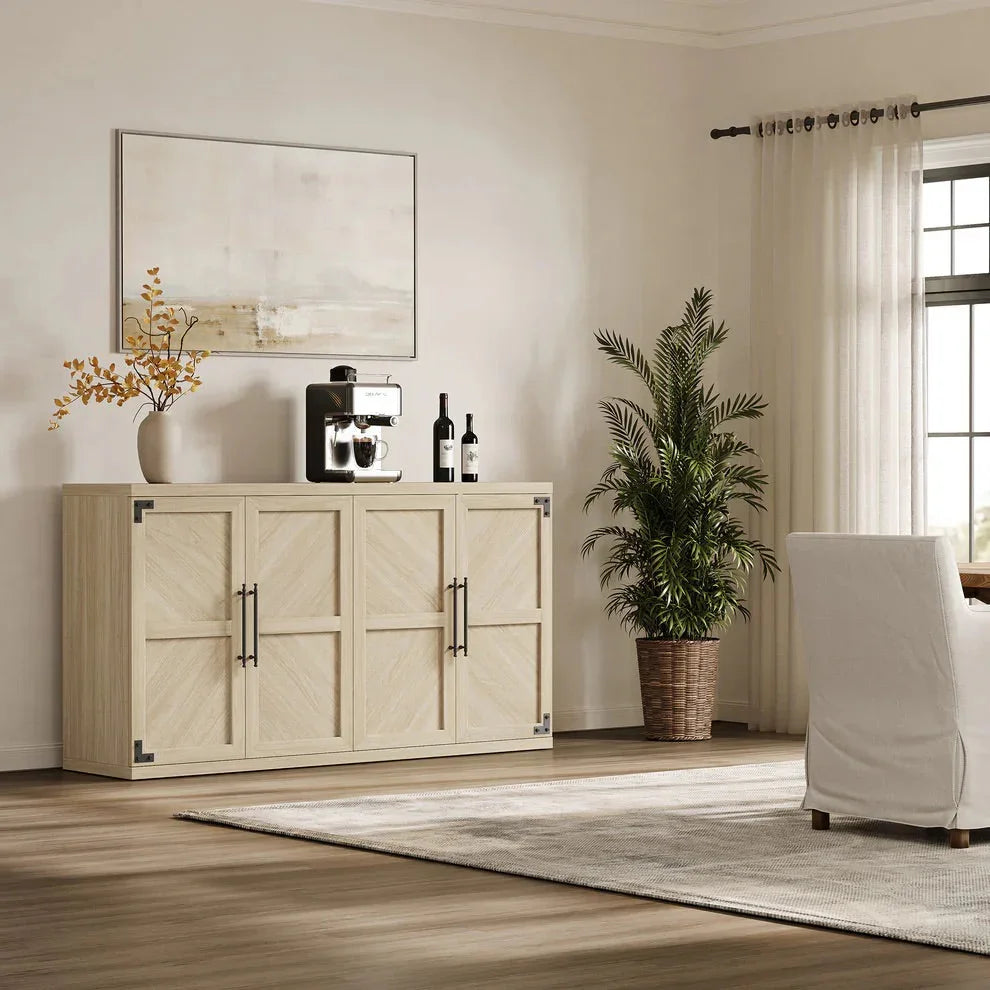 Modern living room with light wood sideboard, coffee machine, and potted plant