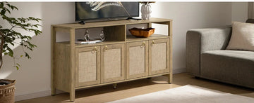 Natural wood TV stand with rattan cabinet doors in modern living room decor
