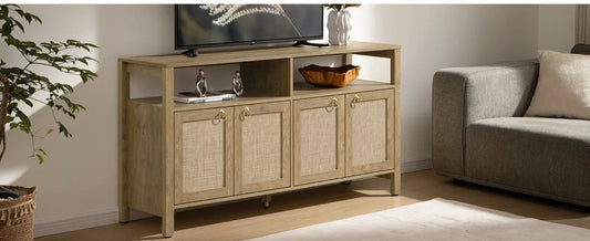 Natural wood TV stand with rattan cabinet doors in modern living room decor