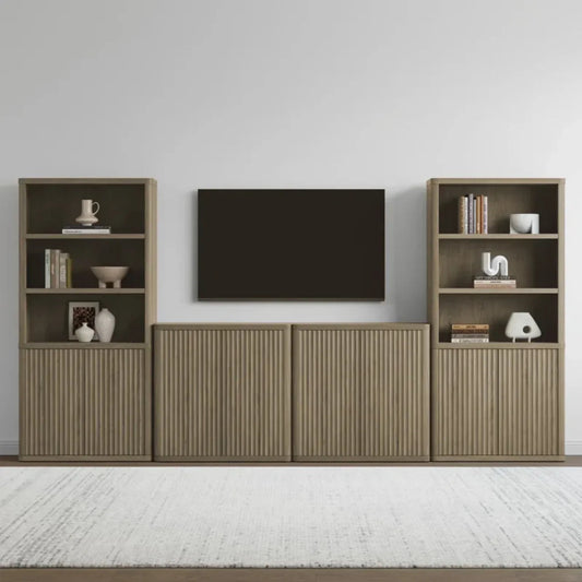 Modern living room with wood media console, open shelves, and wall-mounted TV