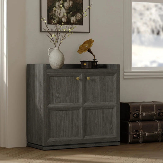 Modern dark wood sideboard with decor, vintage gramophone, and vase in a cozy living room