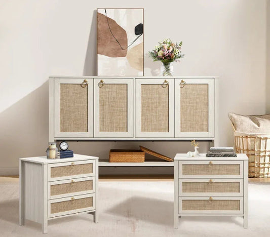 Modern rattan sideboards and nightstands in a light room with minimalist decor