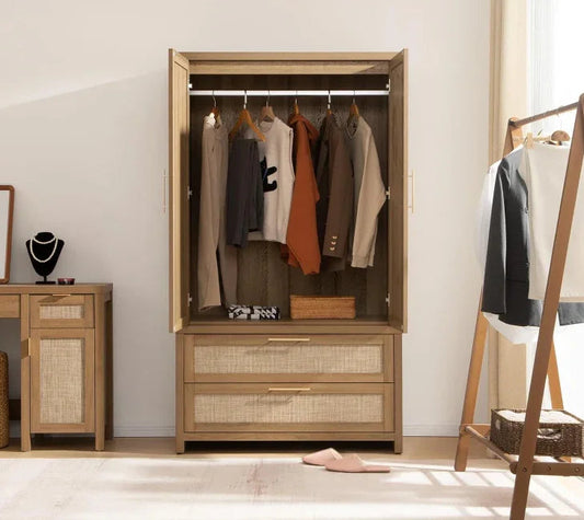 Modern wooden wardrobe with hanging clothes, drawers, and natural rattan accents in a bright bedroom