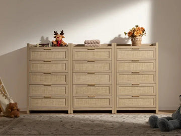 Beige rattan dresser with plush toys, books, and a flower vase in a cozy bedroom