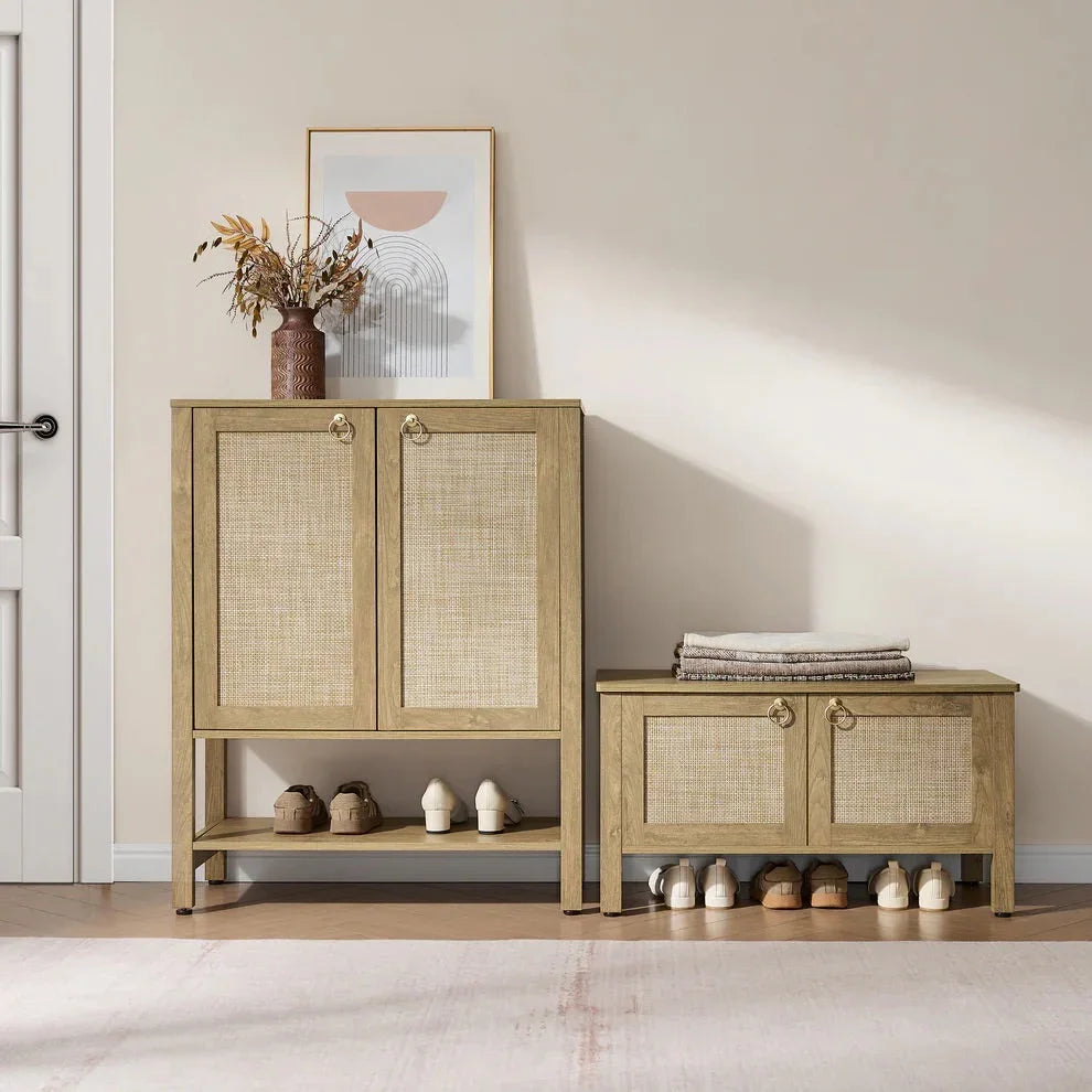Modern entryway with wooden storage cabinets, baskets, shoes, and minimalist decor