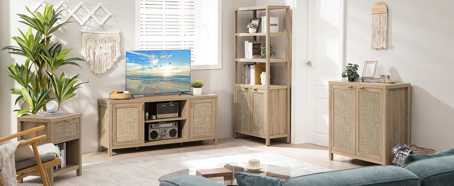 Modern living room with light wood furniture, TV stand, bookshelf, and woven decor accents