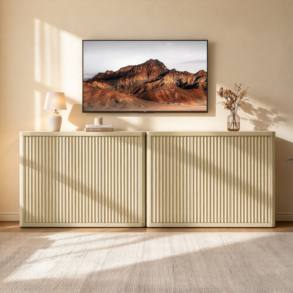 Cas Fluted TV Console Cabinet, 3 Doors Storage, Set of 2