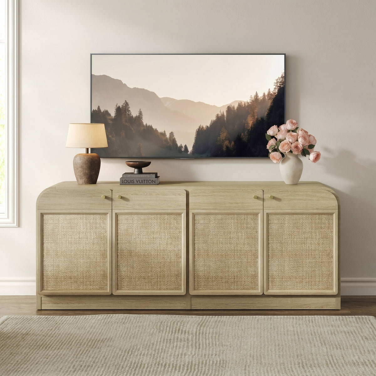Crescent Rattan TV Stand with 4 Doors