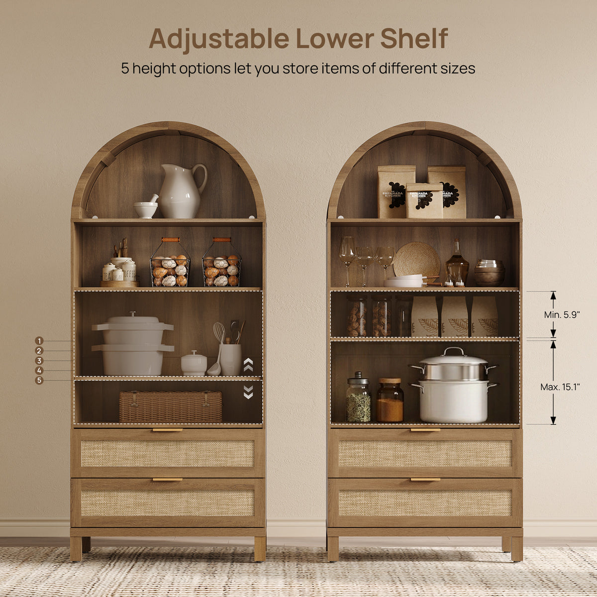 Savanna Arched Pantry Cabinet with Storage, 71Inch Tall