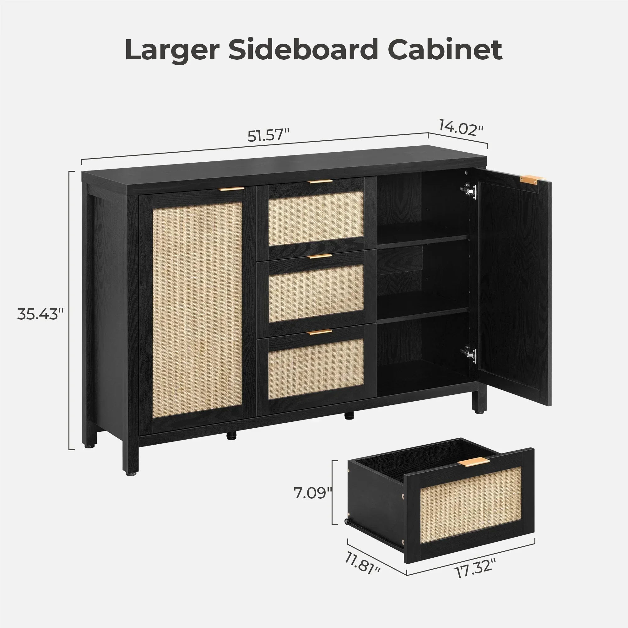 Black sideboard cabinet with rattan doors, drawers, open shelving, and labeled dimensions.