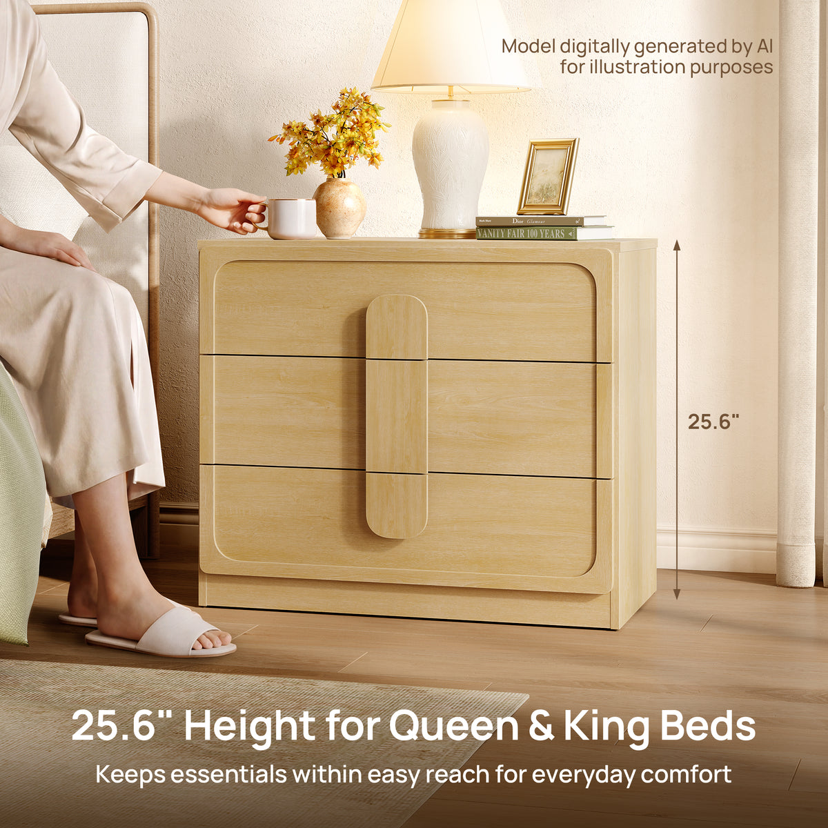 Arcus Nightstand with 3 Drawers, Arched Handles