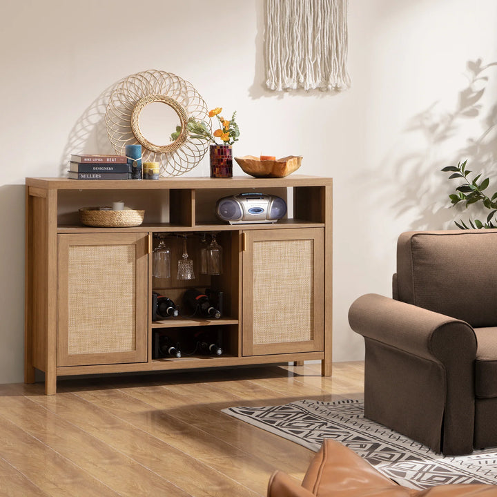 Modern rattan cabinet with wine storage, mirror, decor, and books in cozy living room