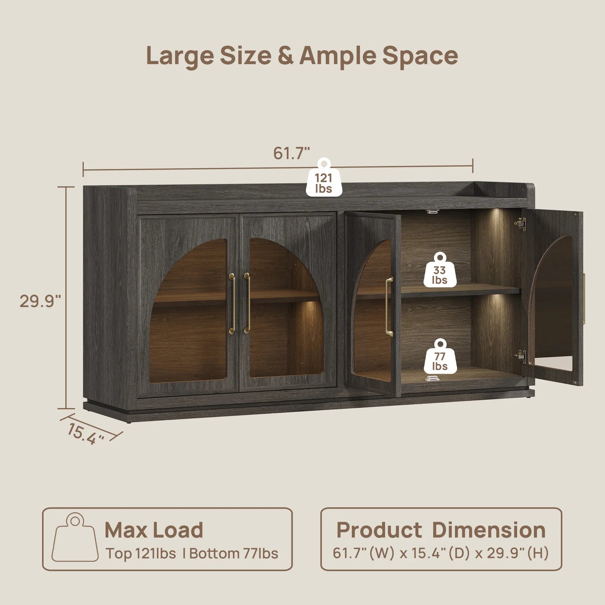 Dark gray wooden sideboard with arched glass doors, interior lighting, and decorative items on top, used in living or dining areas.
