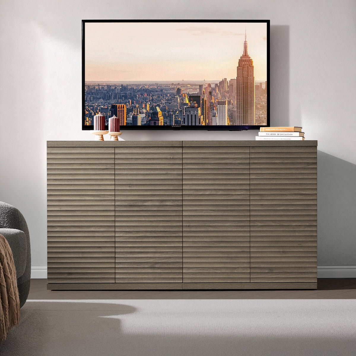 Stria Fluted TV Stand with 2 Doors, Set of 2