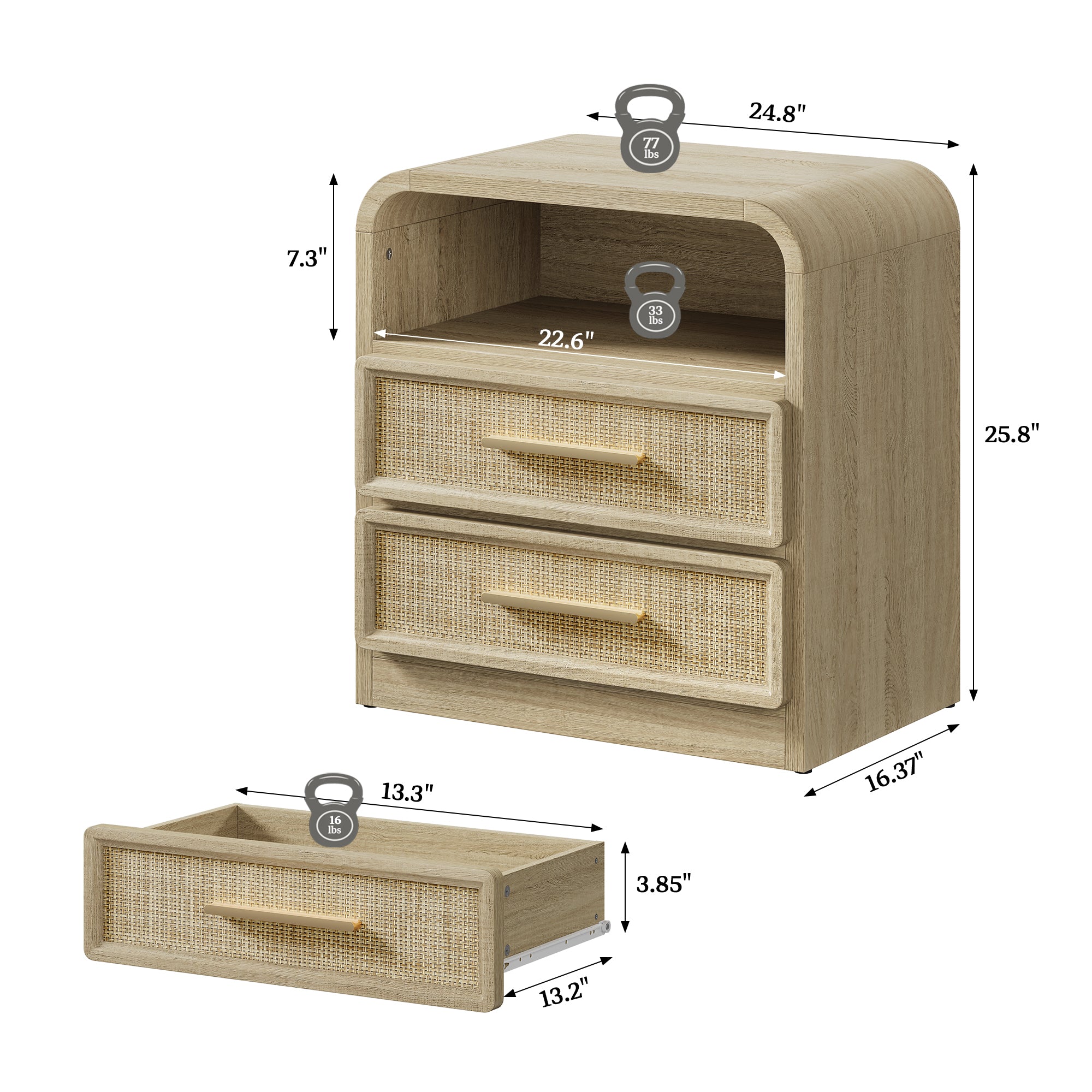 Crescent Rattan Nightstand with 2 Drawers, 25Inch Wide