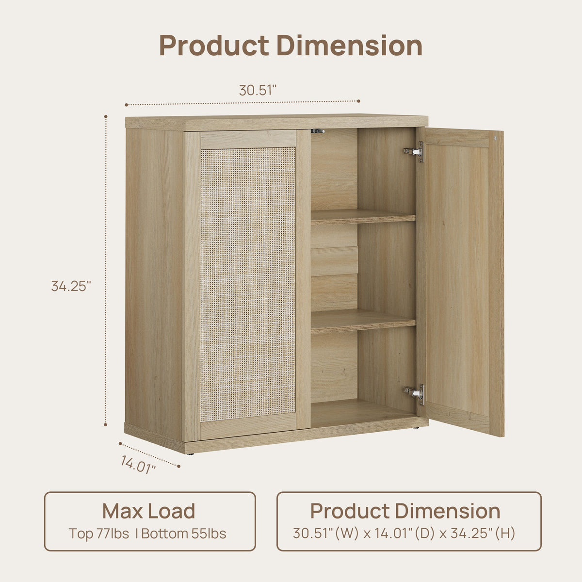 Zura 2-Door Buffet Cabinet, Large Storage - Amber Oak - 1 Piece