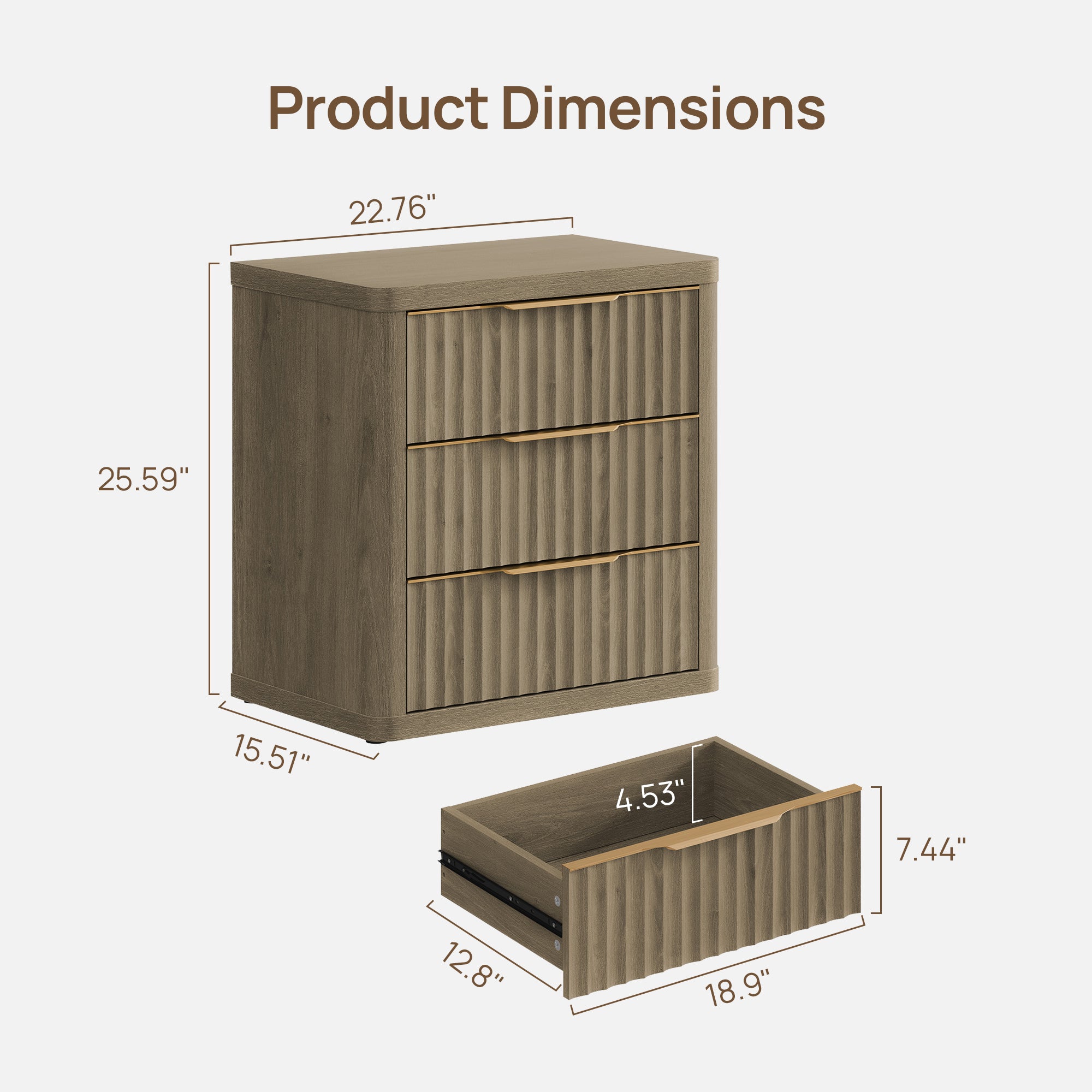 Cas Nightstands 3 Drawers, Golden Handle