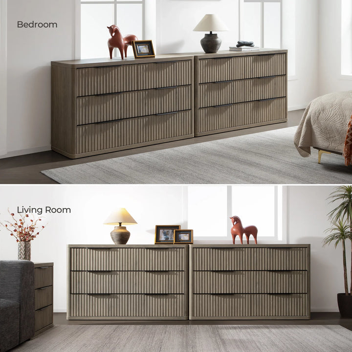 bedroom long dresser SICOTAS Cas 2 Piece 6 Drawer Dresser & Chests of Drawers Fluted Drawer Design Storage Chest Dresser for Bedroom, TV Stand Set for Clothes Storage