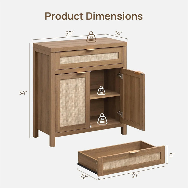 Wooden sideboard cabinet with rattan panels, dimensions 30x14x34 inches, weight limits labeled.