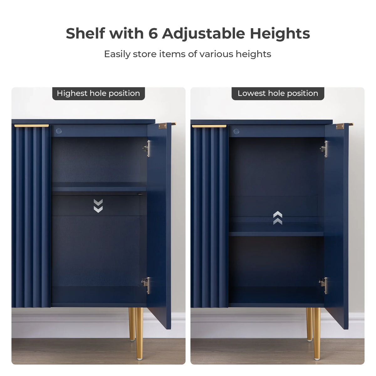 Blue cabinet showing shelf with 6 adjustable heights, gold legs, and open doors
