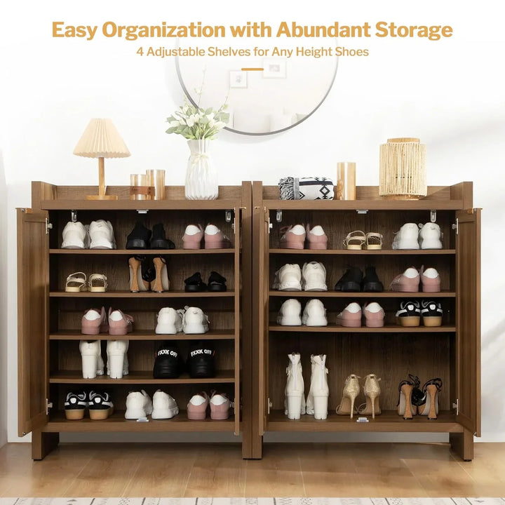 Wooden shoe cabinet with multiple shelves, displaying organized shoes, lamp, vase, and decor on top