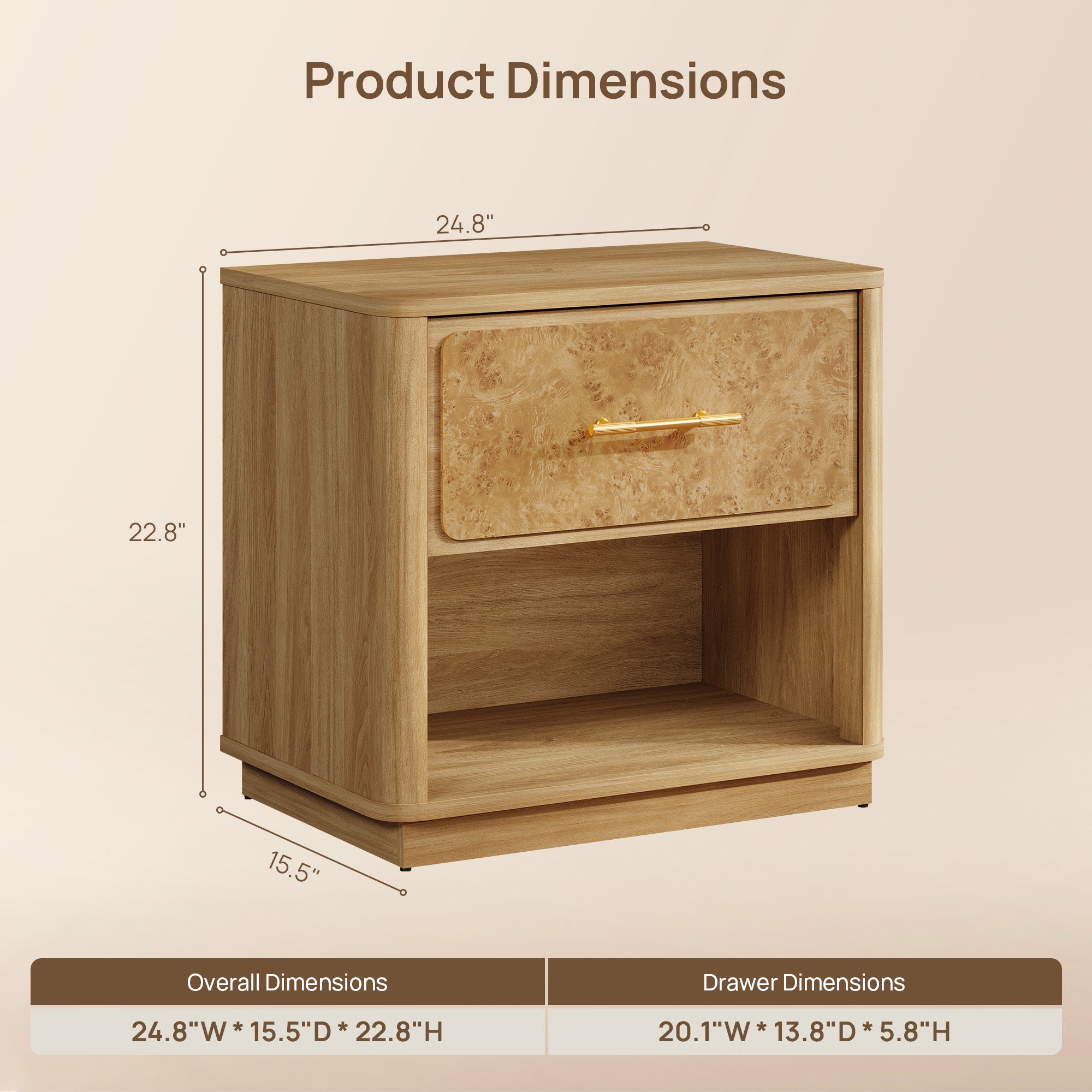 Burluxe Modern Nightstand with 1 Drawer, 24.8'' Wide