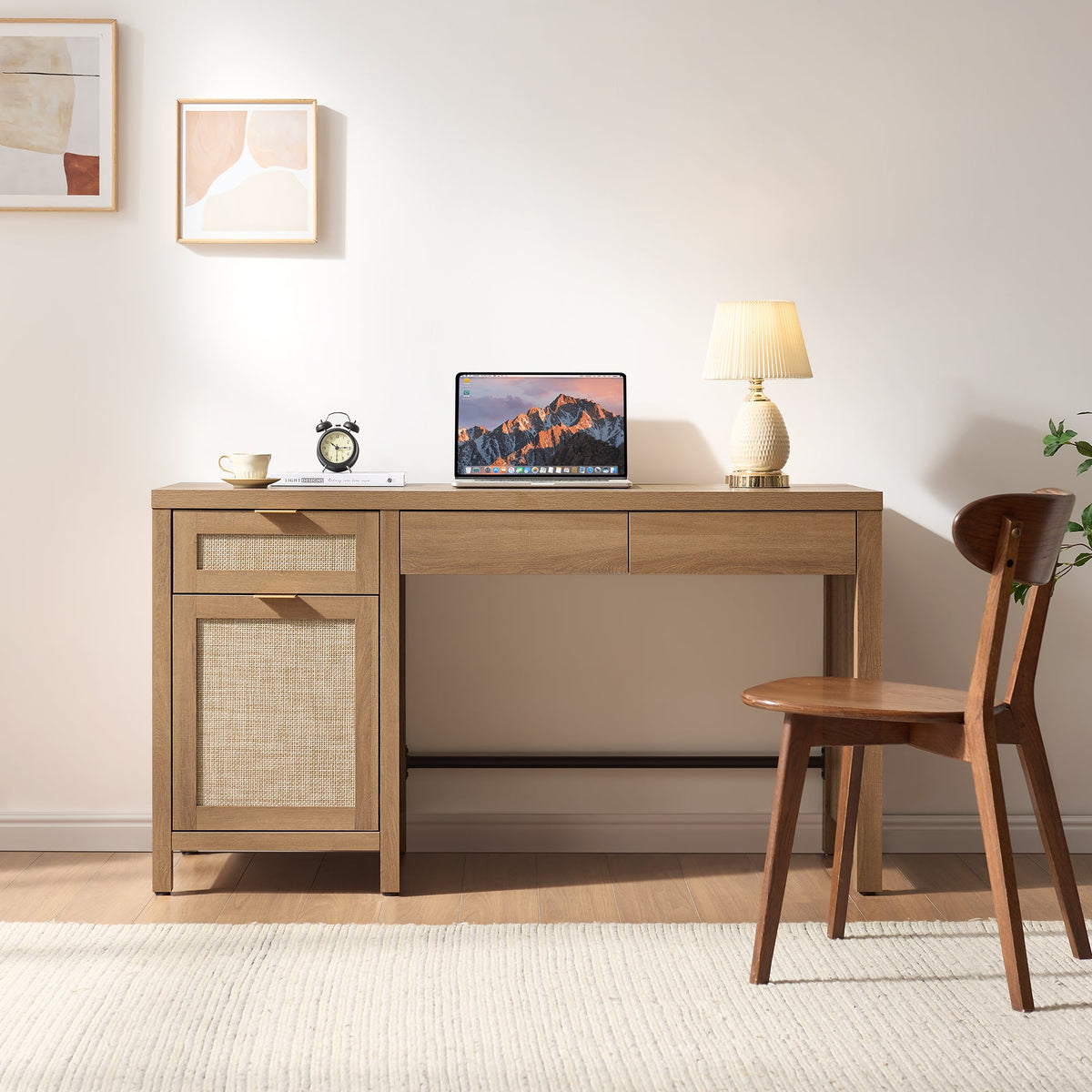 Savanna 55-Inch Wide Vanity Table, Makeup Storage - Reclaimed Light Oak - 2 Pieces