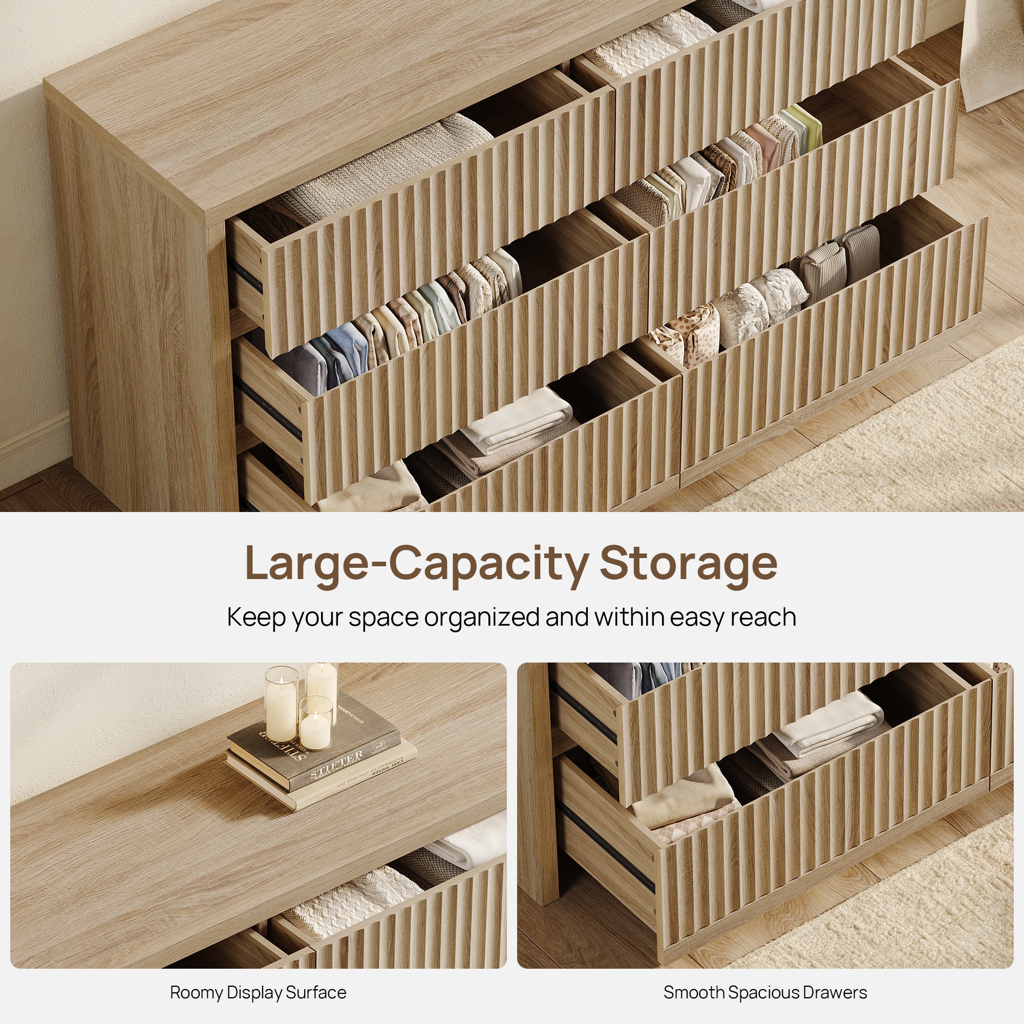 Prelude Set of 2 Modern Dresser with 6 Drawers, 55Inch Wide