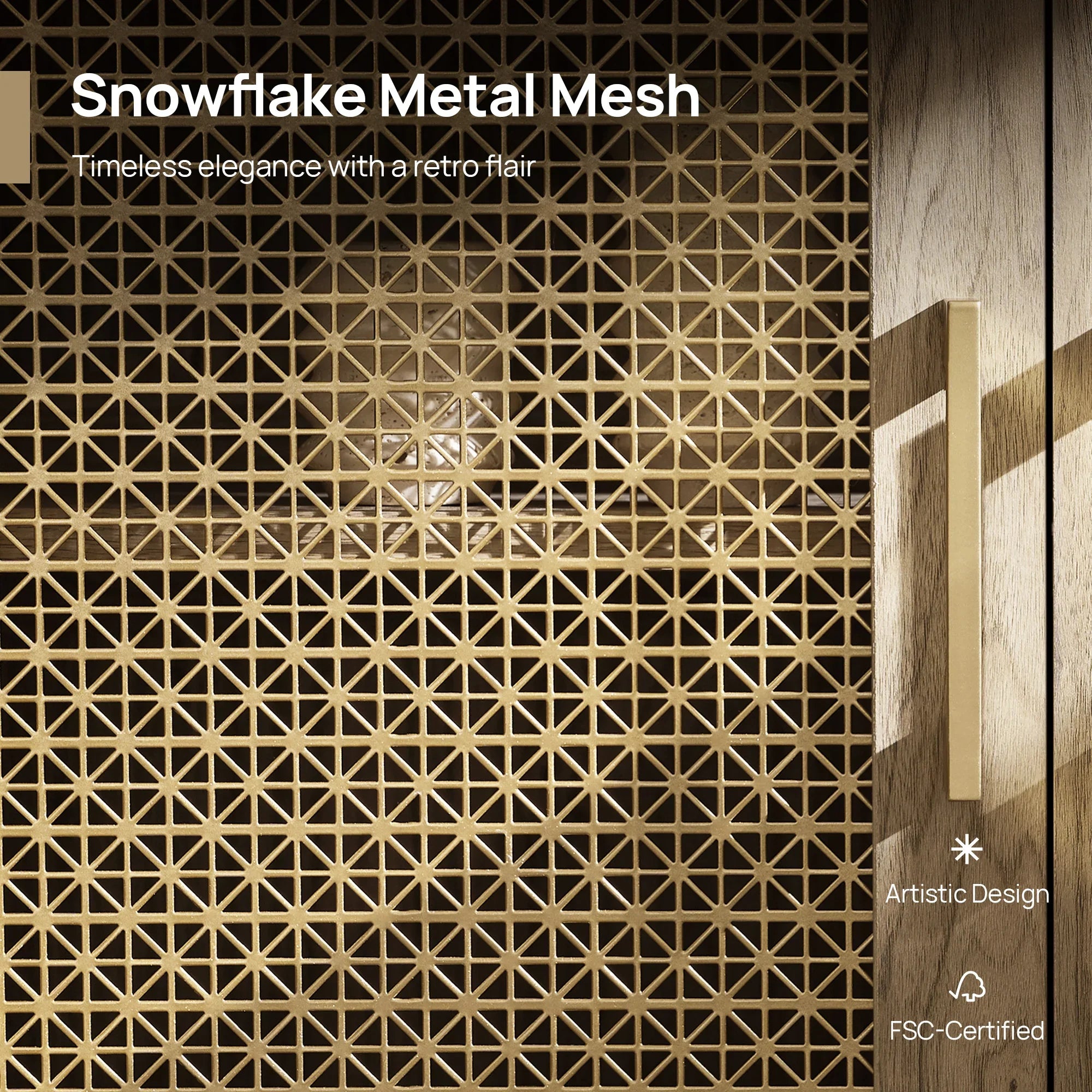 Snowflake metal mesh cabinet door with geometric pattern and brass handle in natural wood setting