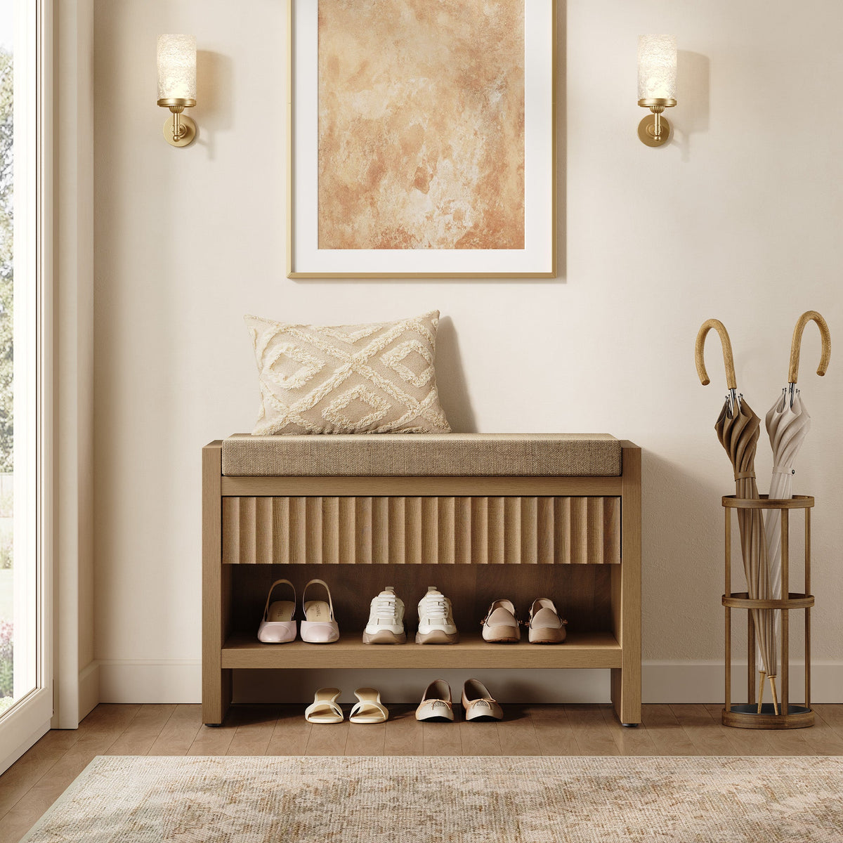 Prelude Upholstered Shoe Storage Bench for Entryway, Set of 2