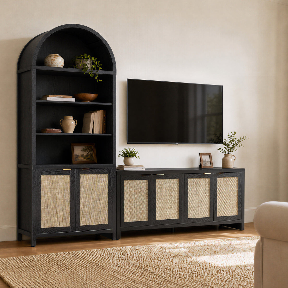 SICOTAS 2 Piece Farmhouse Living Room Furniture Set – TV Stand & Arched Display Cabinets,Rattan Storage Cabinet