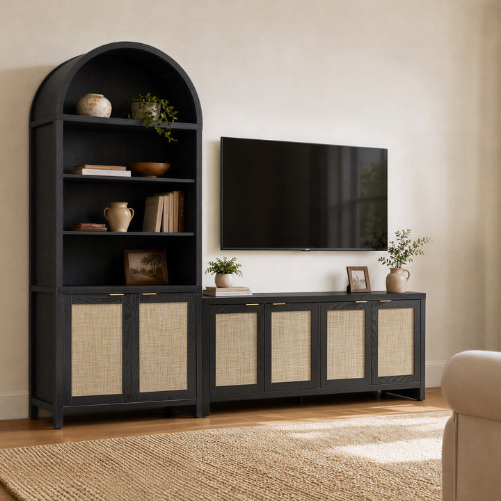 SICOTAS 2 Piece Farmhouse Living Room Furniture Set – TV Stand & Arched Display Cabinets,Rattan Storage Cabinet