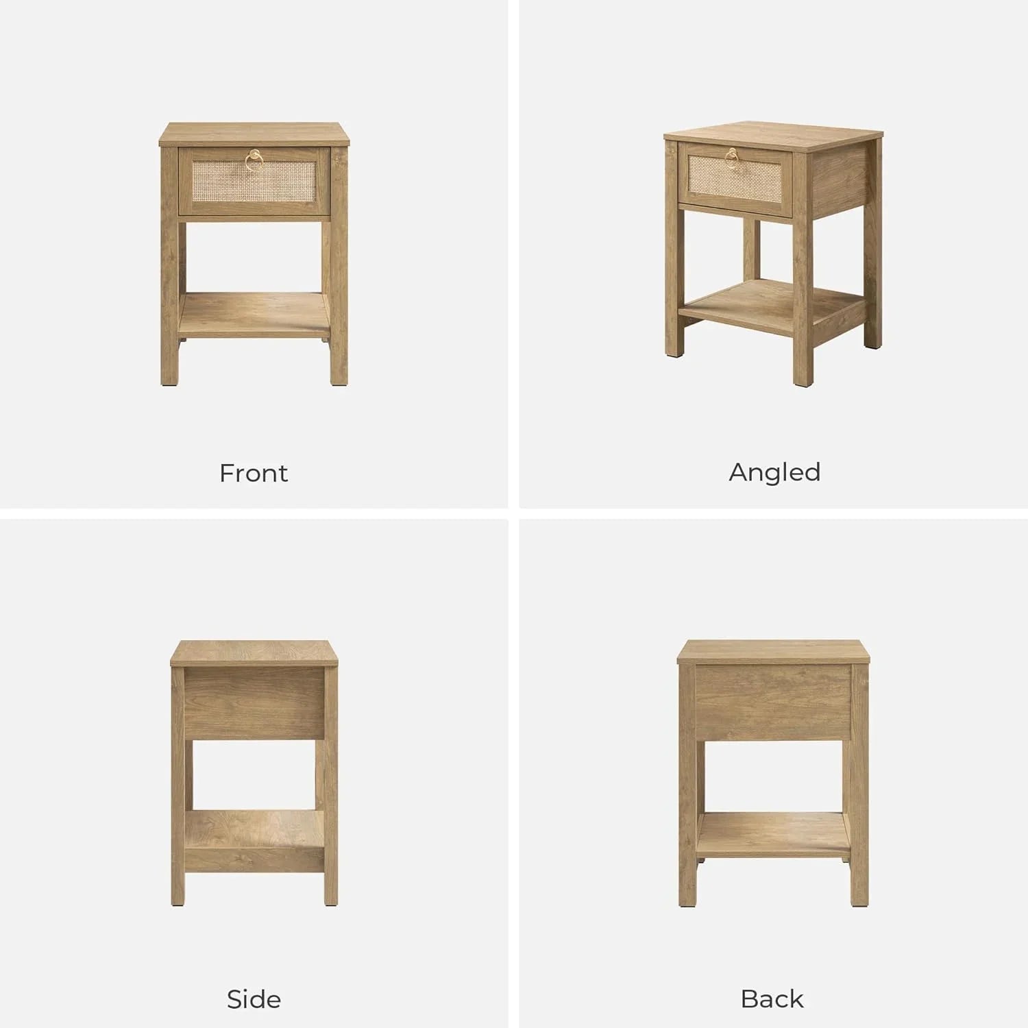 Natural wood nightstand with cane drawer, open lower shelf, shown front, side, back, and angled views