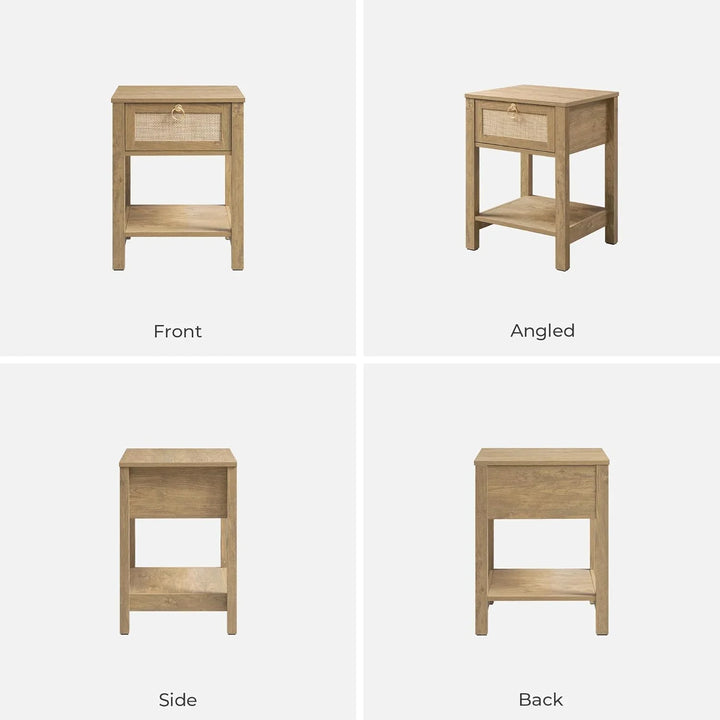 Natural wood nightstand with cane drawer, open lower shelf, shown front, side, back, and angled views