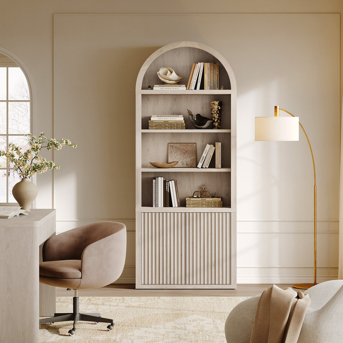 Cas Arched Bookcase with 2 Doors, 82 Inches Tall - Grey Alder - 1 Piece