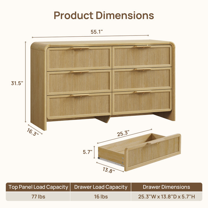 Alina 6 Drawers Dresser with Curved Edge, 55Inch Wide