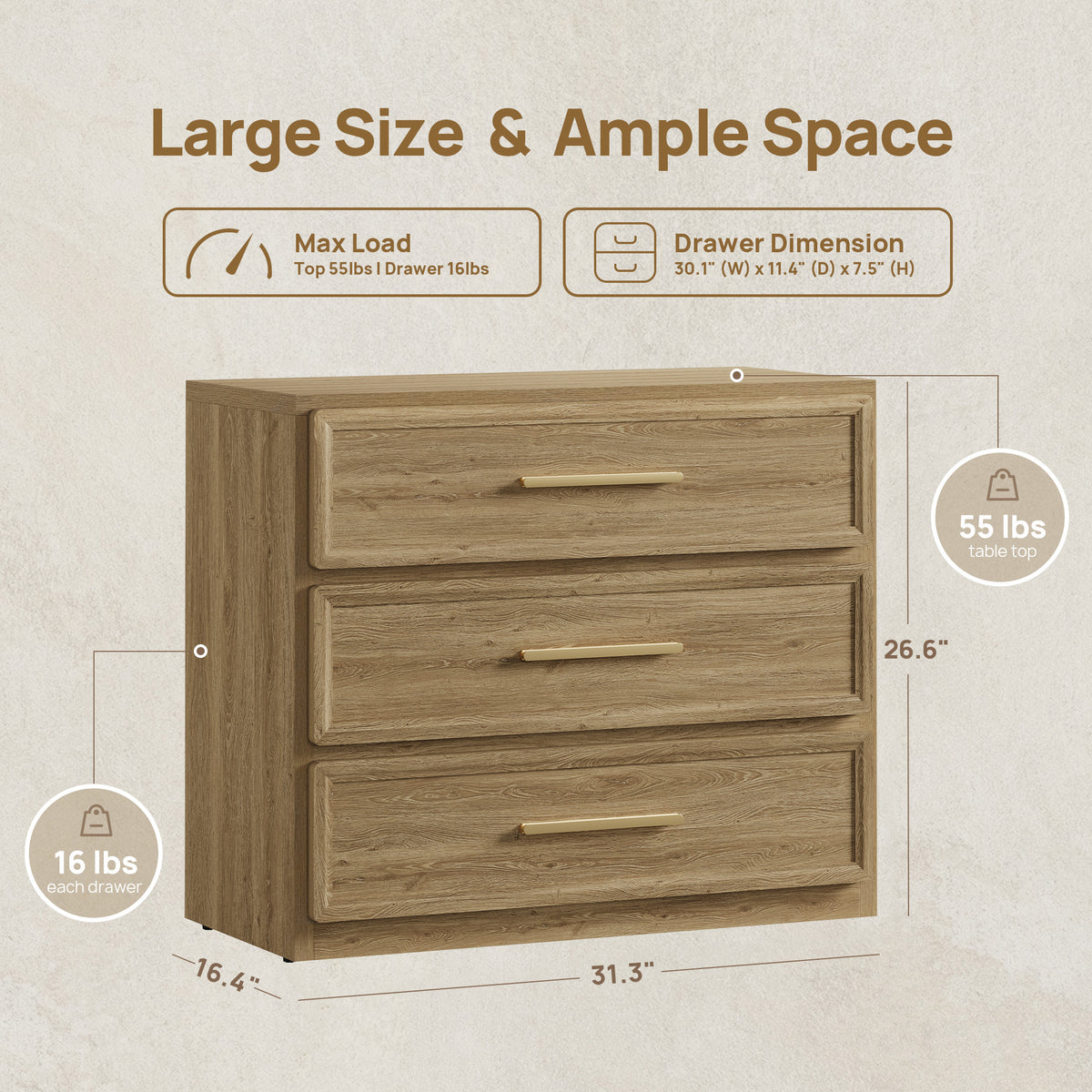 Crescent 31.3Inch Wide Nightstand with 3 Drawers