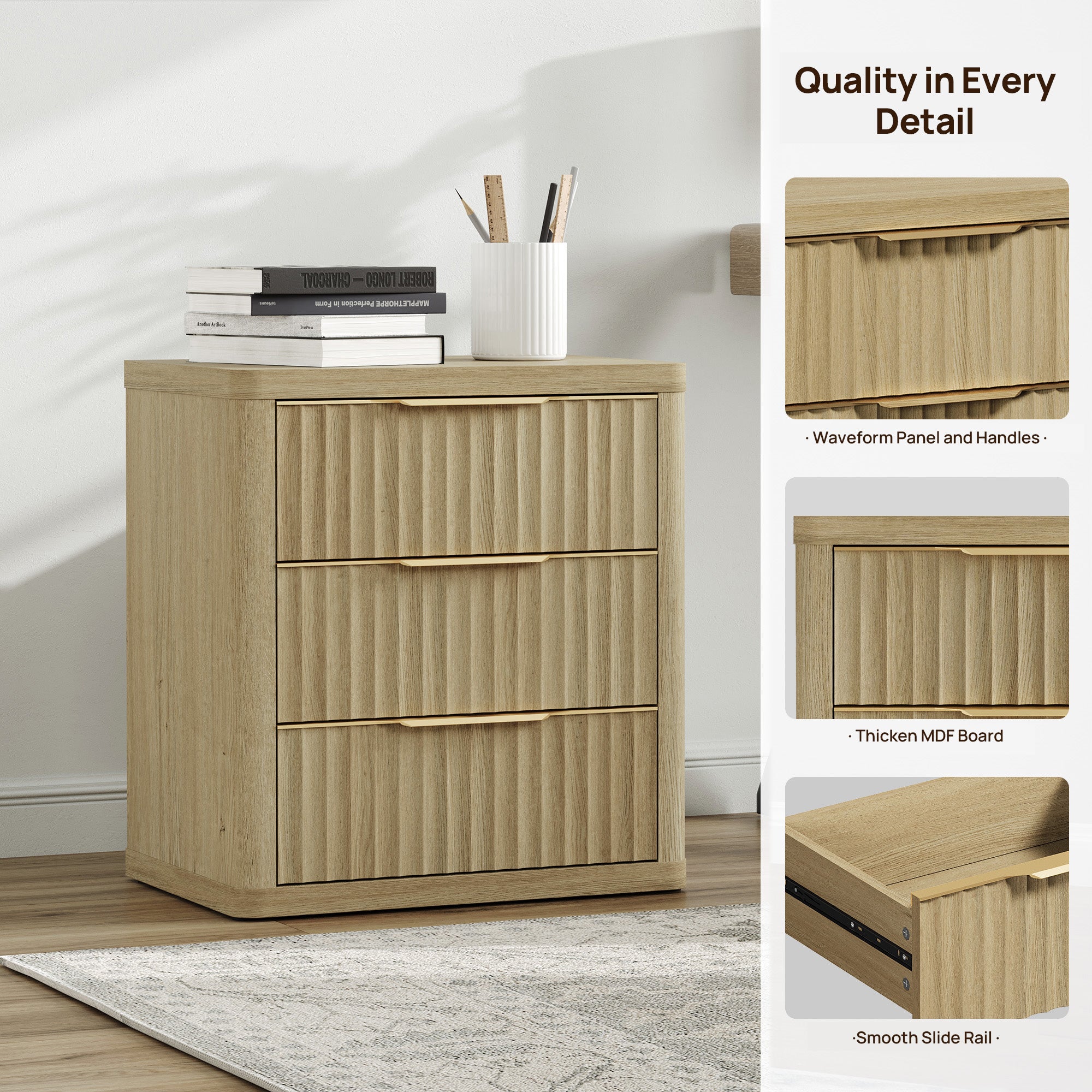 Cas 3 Drawers Nightstand with Golden Handle